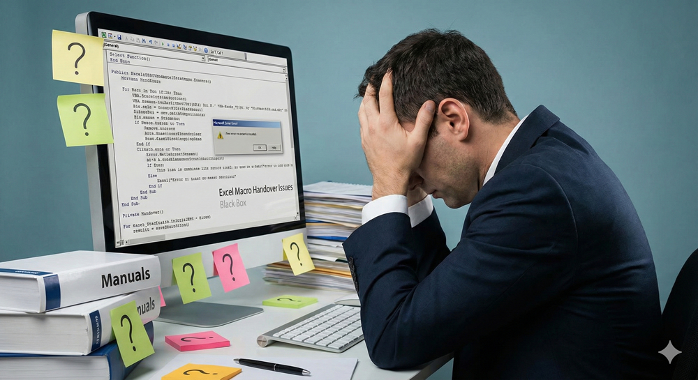 エクセルマクロの引き継ぎで困っているビジネスマン