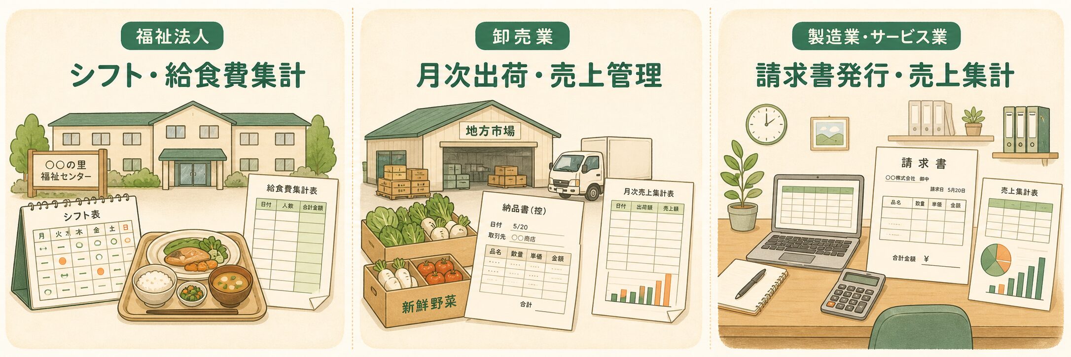 福祉法人、卸売業、製造業・サービス業におけるExcel業務代行の利用場面を示すイラスト