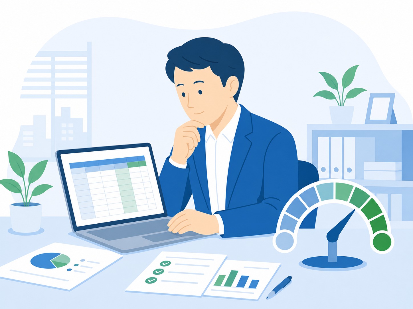 Excel業務の効率化レベルを診断する中小企業の事務担当者のイラスト