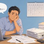 机の書類とPCに囲まれて困った表情の経営者。事務作業に時間を取られている様子