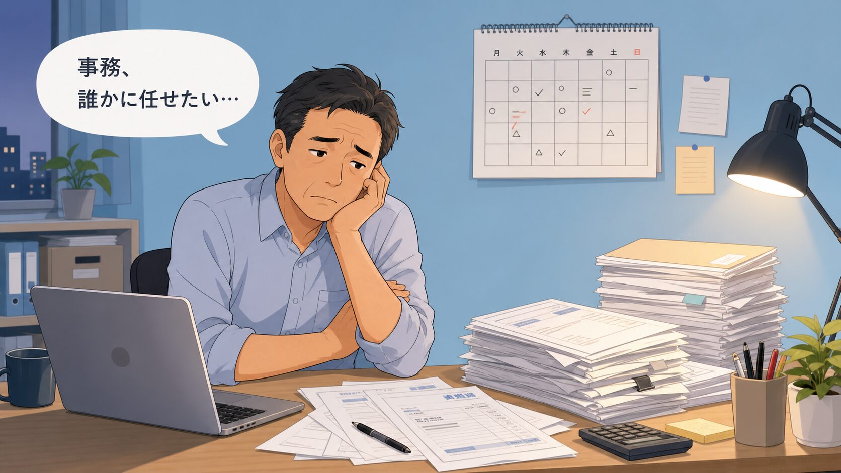 机の書類とPCに囲まれて困った表情の経営者。事務作業に時間を取られている様子