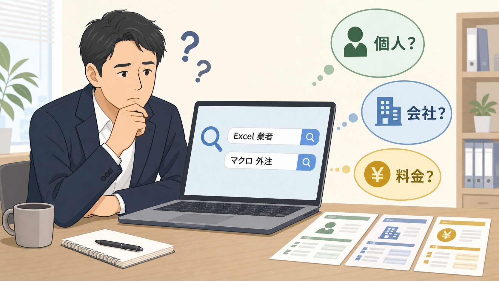 Excelの業者を検索して比較に迷う経営者のイラスト