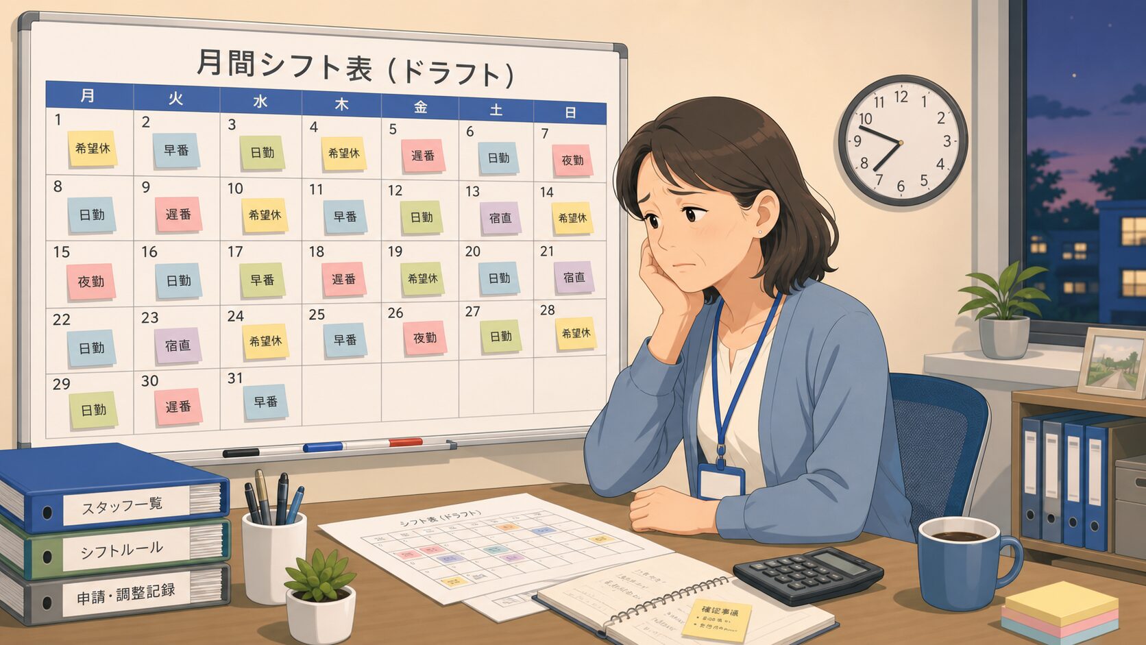カレンダー前で希望休の付箋を整理しながらシフト作成に追われる事業所の担当者