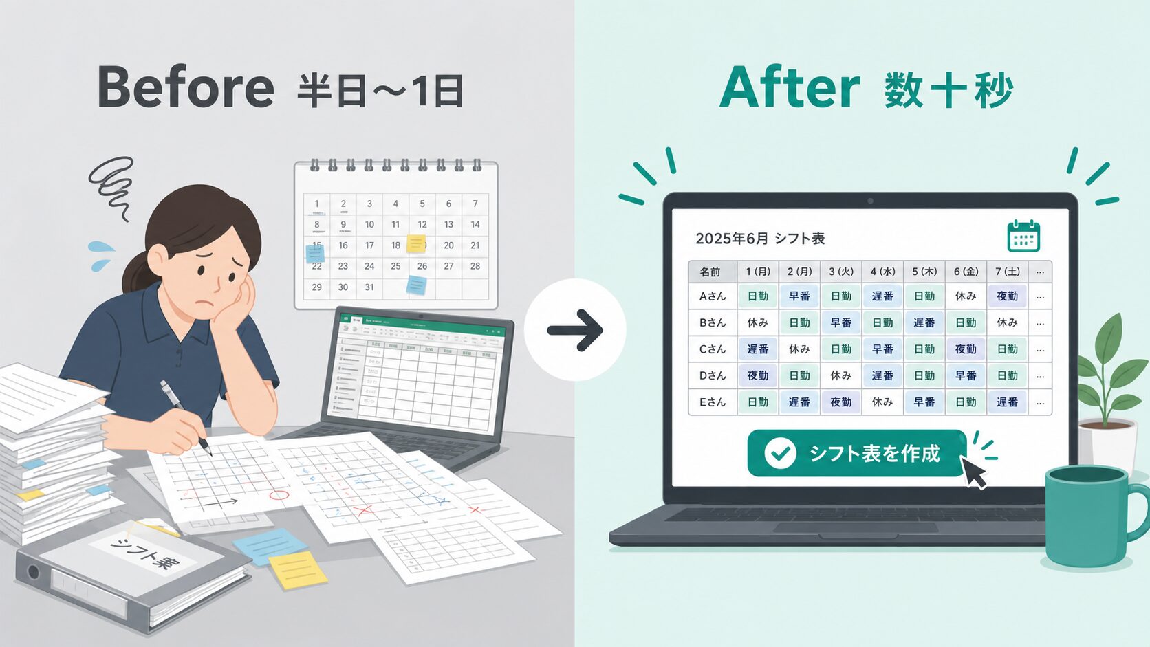 シフト作成代行の導入によりシフト表作成が半日から数十秒に短縮されたBefore/After対比