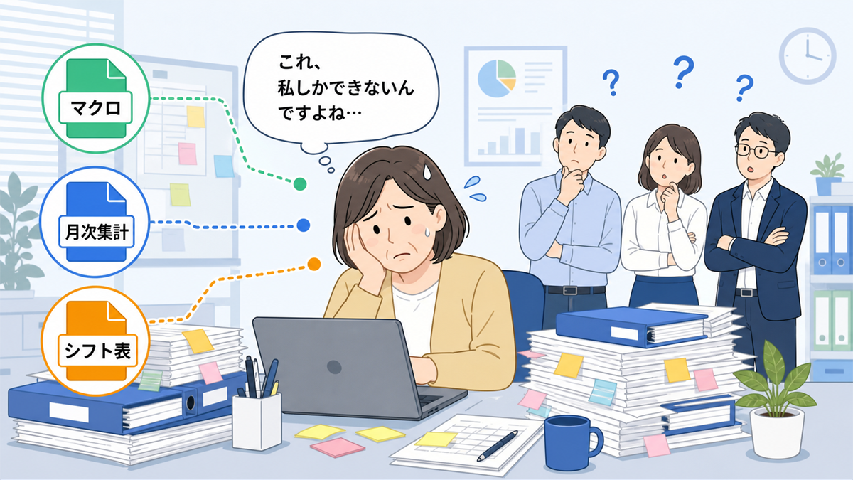 特定の担当者に業務が集中している中小企業のオフィス。属人化が起きている典型シーン
