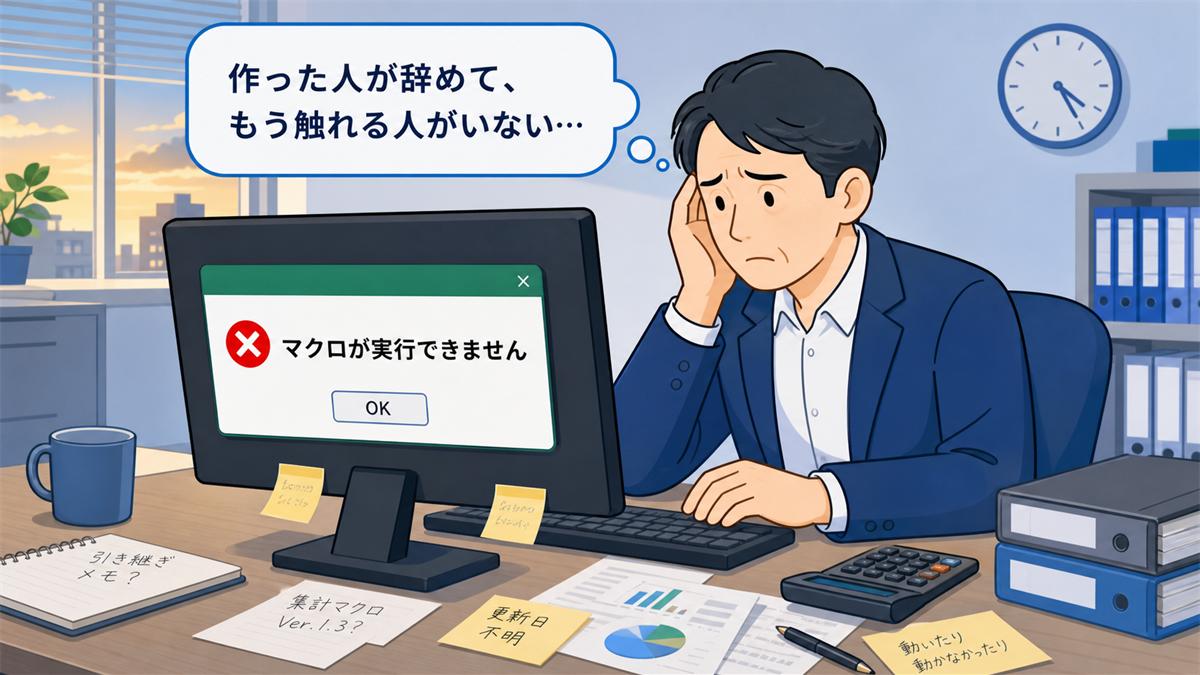 Excelマクロのエラー画面を前に困った表情の現場担当者。マクロ作成者がすでに退職して触れる人がいない状況