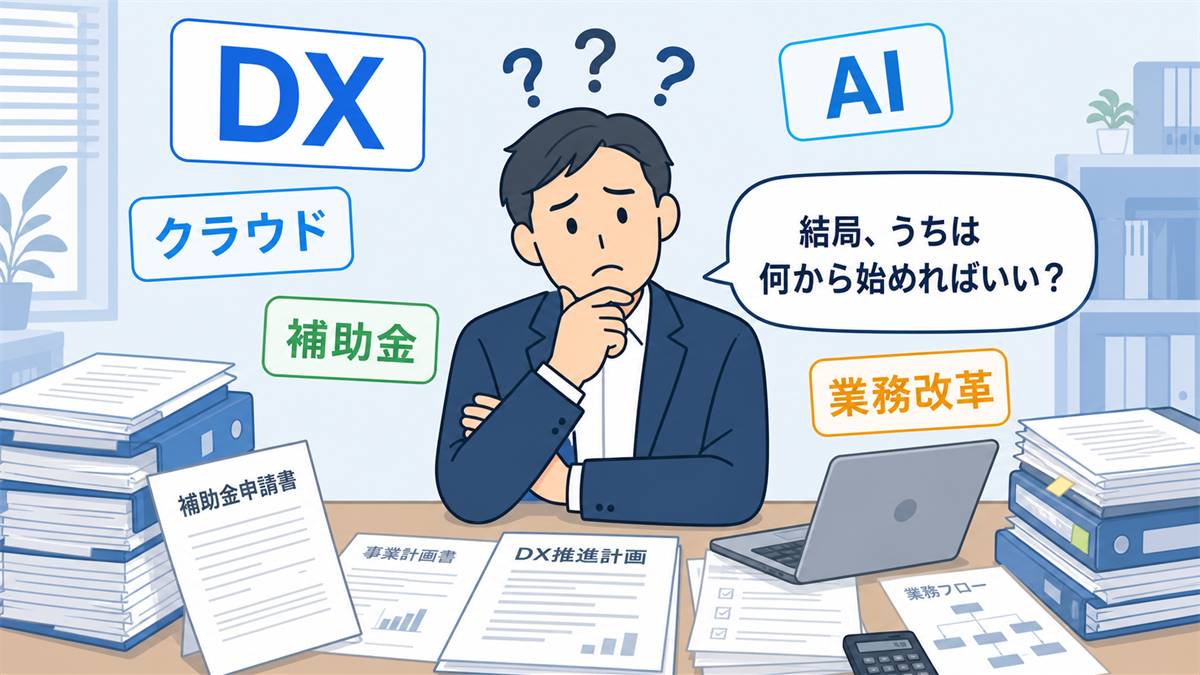 DXという言葉に振り回されて悩む中小企業の経営者。何から始めるか分からない状態