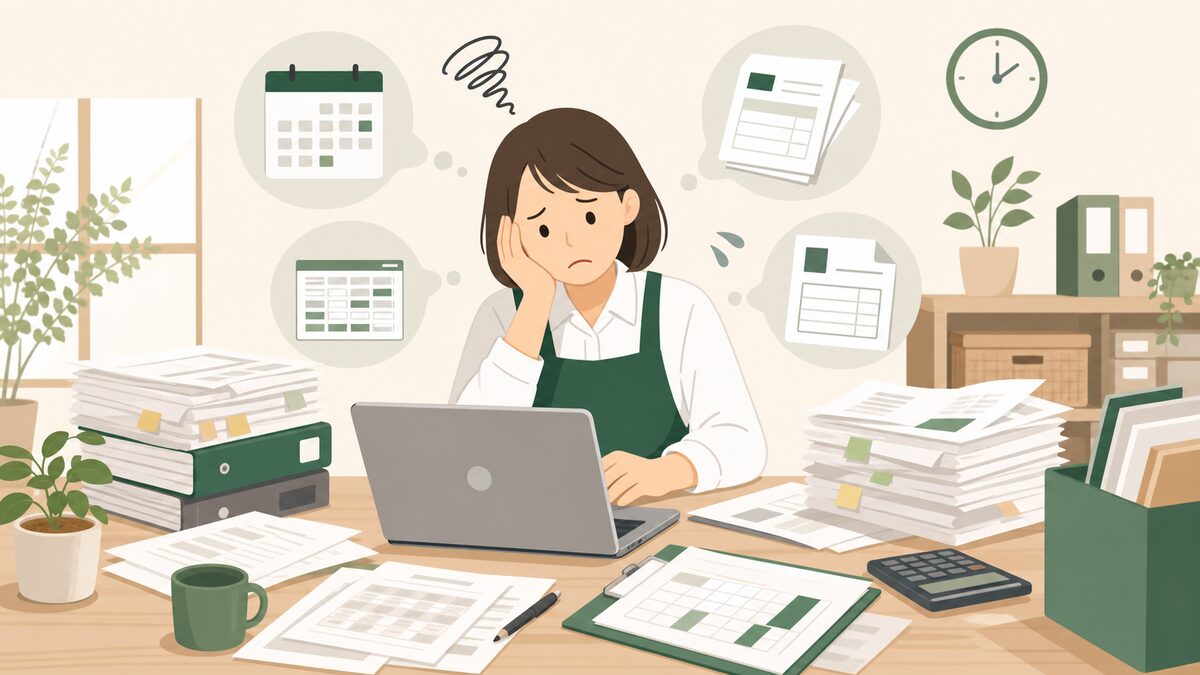 事務作業に追われる中小企業の経営者が、書類とパソコンの前で悩んでいるイメージ