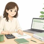 就労継続支援B型の工賃計算をエクセルで行うイメージ。担当者が笑顔でノートパソコンと電卓で集計する事務机