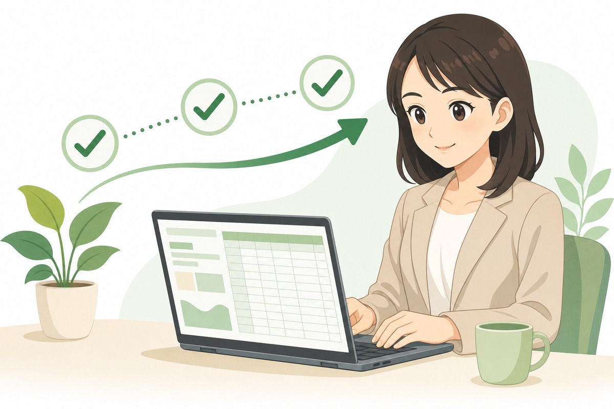 エクセルで工賃を計算する流れのイメージ。表を確認しながら順番に集計する様子