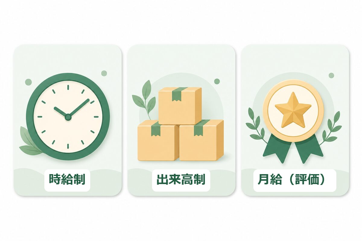 工賃の3つの計算型を表すイラスト。時計(時給制)・箱(出来高制)・星(月給/評価制)