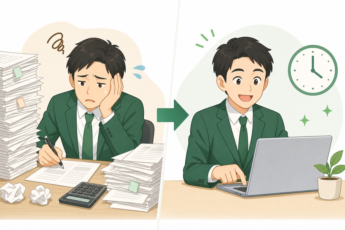 手作業の工賃集計を自動化したイメージ。書類の山での作業がボタン1つの操作に変わる様子