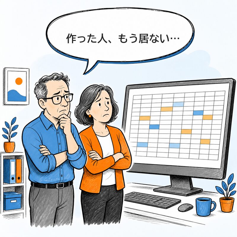 画面のExcelを前に「作った人、もう居ない…」と困る二人