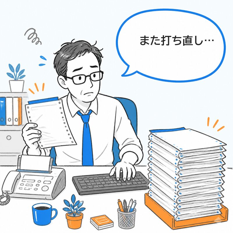 FAX用紙を手に「また打ち直し…」とつぶやく人