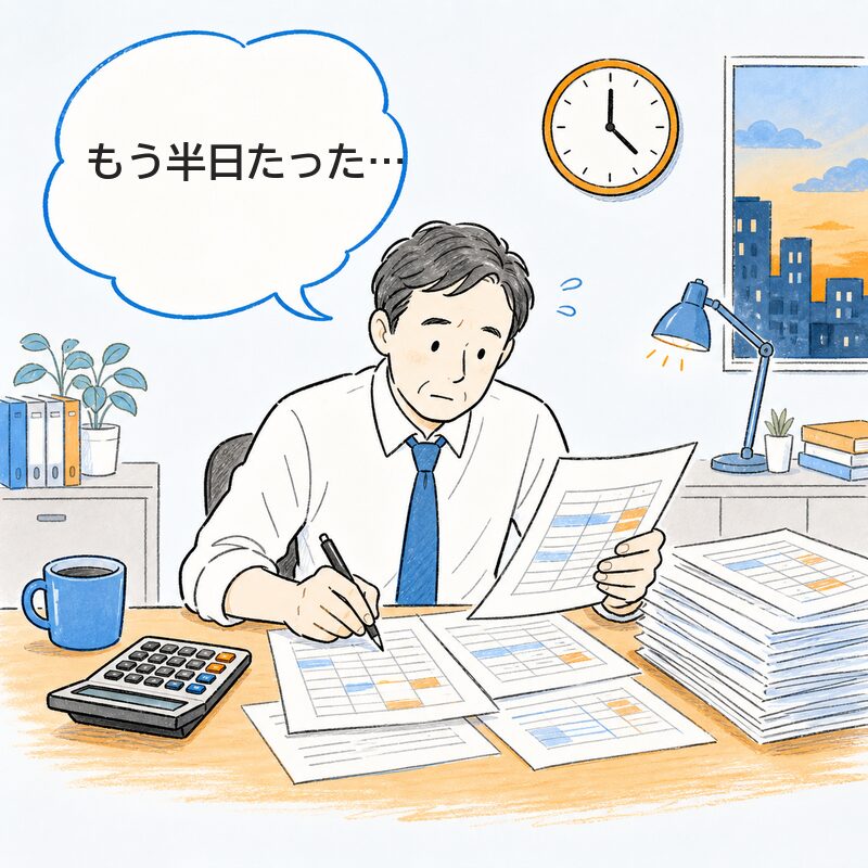 集計の紙に囲まれて「もう半日たった…」とつぶやく人